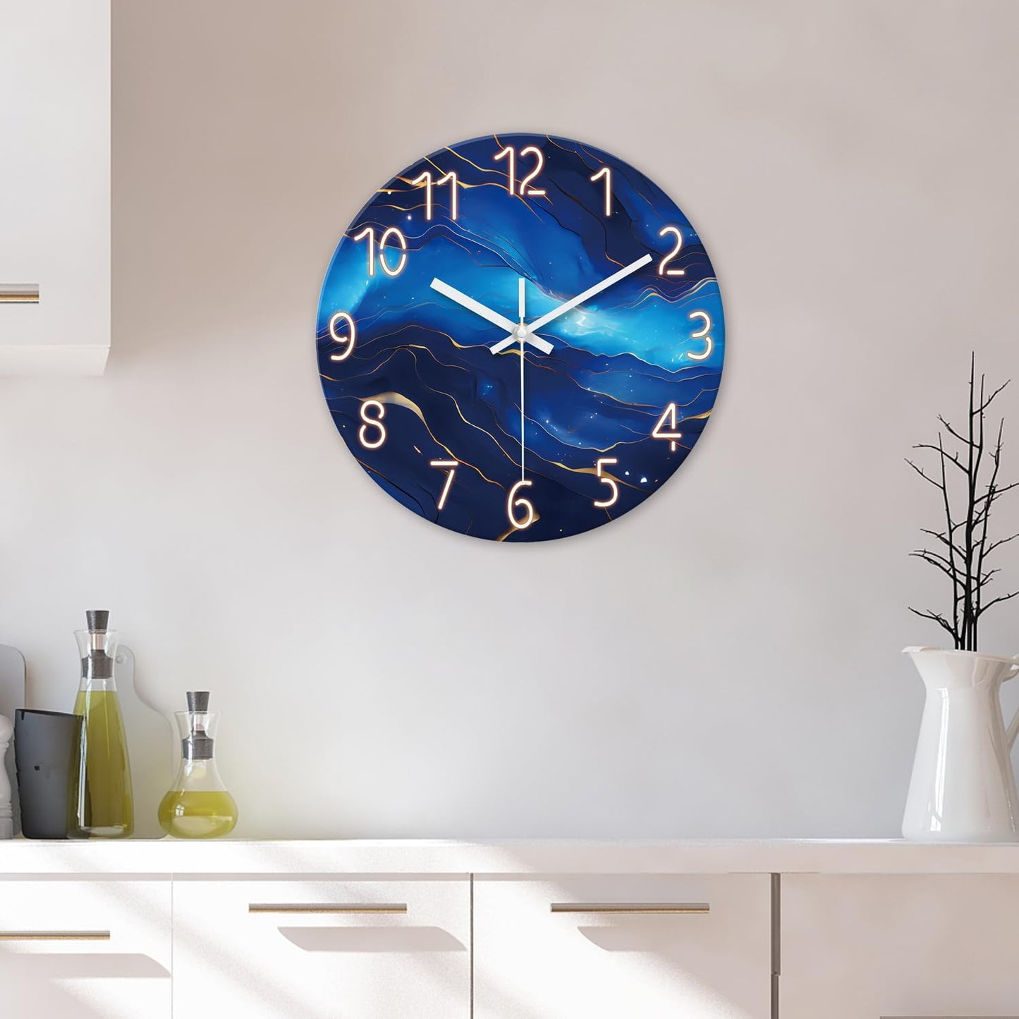 Small Wall Clocks Battery Operated 12 Inch Blue Marble Wall Clock for Kitchen Glass Analog Silent Wall Clock Non Ticking