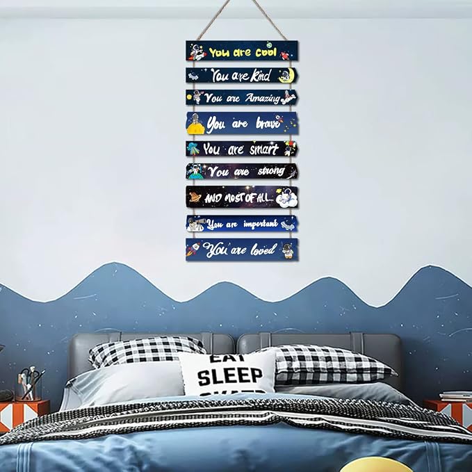 JEVUVU Outer Space Room Decor for Teen Boys Aesthetic, Cool Bedroom Wall Decor for Baby Boy, Navy Blue Kids Wall Art Signs, Fun Stuff Black Decorations for Nursery Bed Room Dorm Classroom Bathroom