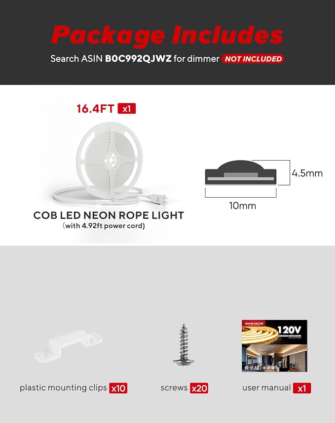 Shine Decor COB LED Rope Light AC 120V, 800lm Ultra Bright, IP65 Waterproof Cold-Resistant ETL Neon Strip, No Driver Tape Lighting for Home Commercial 10x4.5mm, Red, 16.4ft