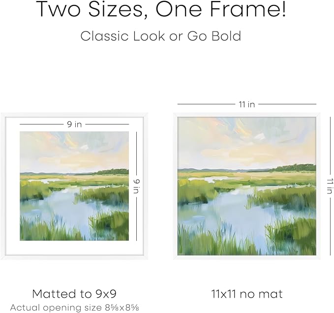 Homeforia 11x11 Picture Frame White, High End Metal 11 by 11 Square Frames with Mat 9 x 9 Opening, 11by11 Poster Frames Matted to 9x9 inch Photo, Wall Hanging Frame, Tempered Glass, Wall Kit, Set of 2