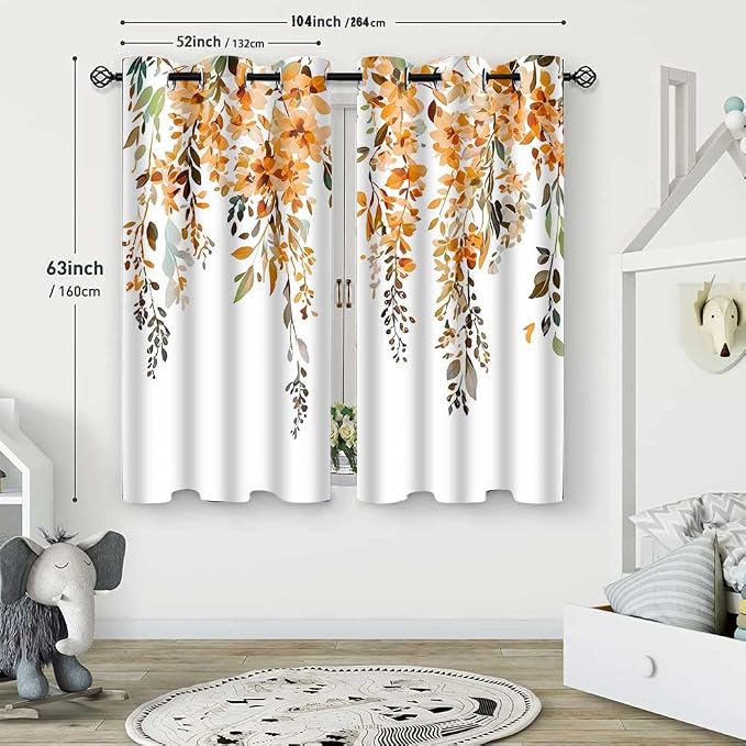 Orange Watercolor Floral Curtains, 52x63 inch, 2 Panels | Botanical Leaves Vine Flowers, Rustic Farmhouse Style, Blackout Window Treatment, For Bedroom Living Room