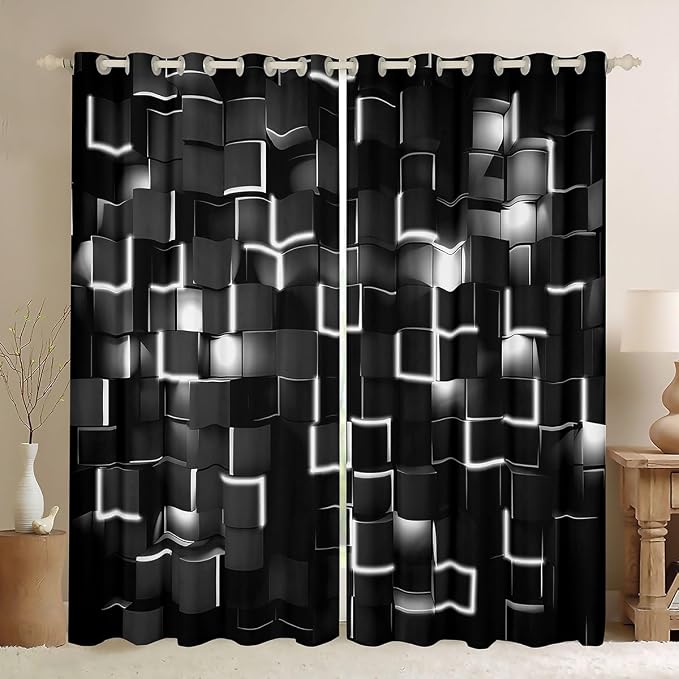 Feelyou Grey and Black Darkening Drapes (2 Panels, 52 x 90 Inch) Light Geometric Curtains for Bedroom Living Room Girls Decor Blackout Curtains Modern Style Window Treatments
