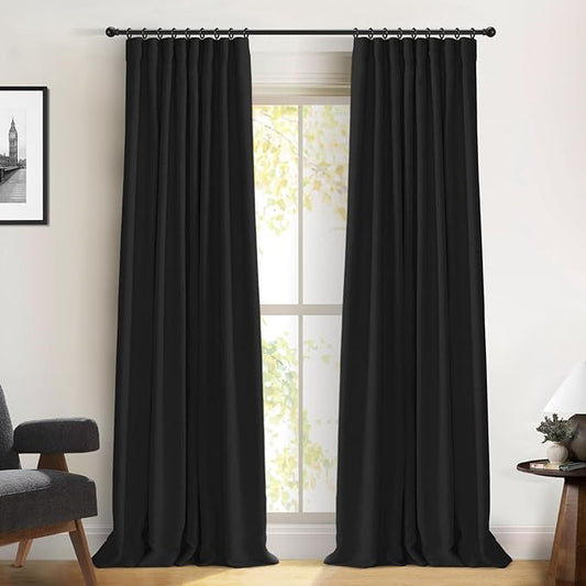 100% Blackout Shield Full Blackout Curtains for Bedroom 84 inch Length 2 Panels Set, Clip Rings/Rod Pocket Faux Linen Black Out Curtains for Living Room, Thermal Insulated, 50Wx84L, Black