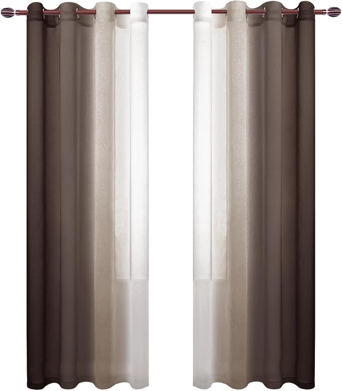 DWCN Faux Linen Ombre Sheer Curtains - Semi Voile Gradient Grommet Top Curtains for Bedroom and Living Room, Set of 2 Window Curtain Panels, 52 x 84 Inches Long, Chocolate Brown