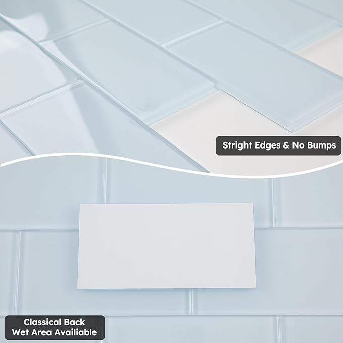 Diflart Light Blue Glass Subway Tile, 3x6 Inch, 4 Sq.Ft, Glass Backsplash Tile for Kitchen Shower Bathroom Wall, Pack-32 Pcs