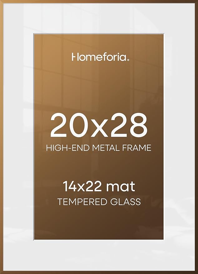 Homeforia Picture 20x28 Bronze Frame, High End Metal 20 x 28 Brass Poster Frames with Mat 14 x 22 for Photo, 20x28 Frame Matted to 14x22 Print, 28x20 Hanging Frames, Tempered Glass, Wall Kit, Set of 3