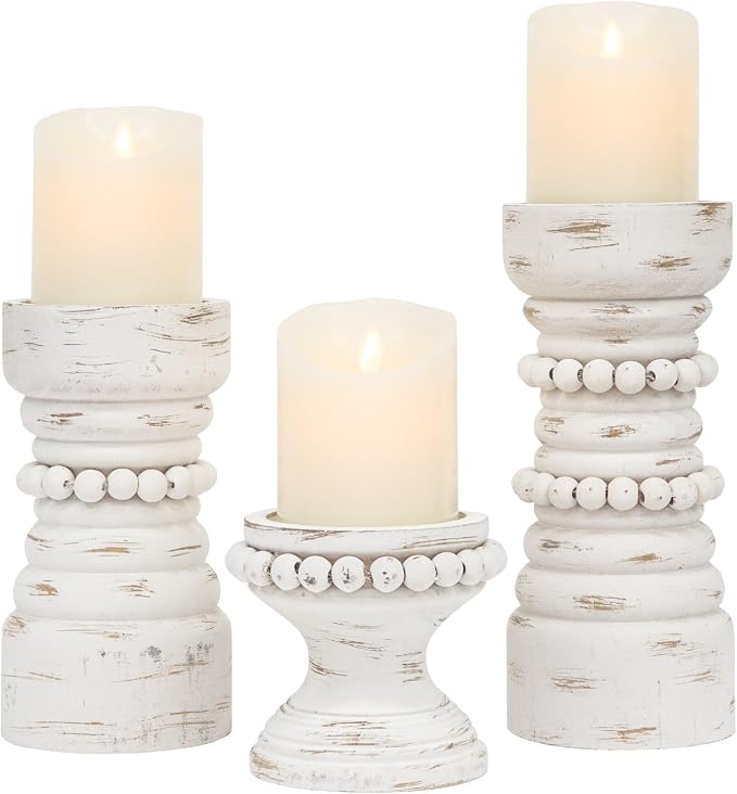 Rustic White Wood Candle Holders Set of 3, Farmhouse Beaded Wood Pillar Candle Holder, Candle Holders for Pillar Candles & Candlesticks, Candle Sticks Holder Decor for Table Centerpiece