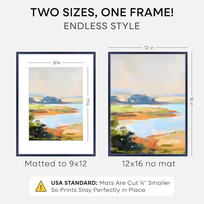 Homeforia 12x16 Navy Blue Picture Frame, High End Metal 12x16 Poster Frames with Mat 9x12 Photo, 12 x 16 Navy Blue Frame Matted to 9 by 12 Print, 16x12 Thin Frames, Tempered Glass, Wall Kit, Set of 1