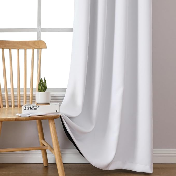 ChrisDowa White 100% Blackout Curtains for Bedroom with Black Liner, 2 Thick Layers Total Blackout Thermal Insulated Grommet Window Curtains 2 Panels Set (Pure White, 52 x 45 Inch)