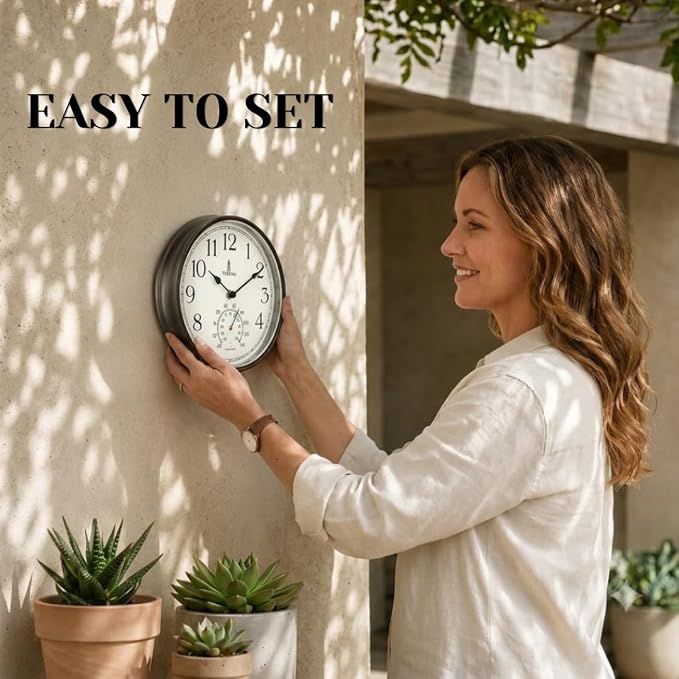 Outdoor Clocks for Patio Waterproof with Thermometer — Black 9.5 Inch Indoor Outdoor Wall Clock with Temperature Display — Weatherproof, Accurate & Easy to Read for Pool, Garden & Home Decor
