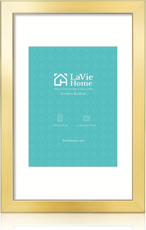 LaVie Home 12x18 Picture Frame Gold Poster Frame,Display Pictures 9x12 with Mat or 12x18 Without Mat, Stable and Sturdy Frame and Polished Plexiglass, Horizontal and Vertical Format of The Walls