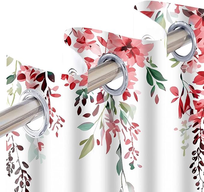 Red Watercolor Floral Curtains, 52x63 inch, 2 Panels | Botanical Leaves Vine Flowers, Rustic Farmhouse Style, Blackout Window Treatment, For Bedroom Living Room