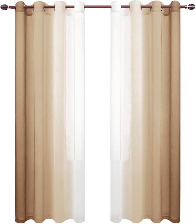 DWCN Taupe Faux Linen Ombre Sheer Curtains - 96 inches Long Gradient Semi Voile Curtains for Bedroom and Living Room, Set of 2 Grommet Top Window Curtain Panels, 52 x 96 Inches Long, Taupe