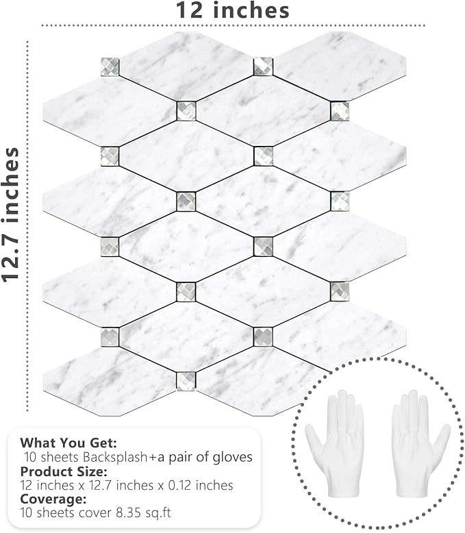 STICKGOO 10 Sheets Peel and Stick Backsplash, Carrara White Stick on Mosaic Tiles for Kitchen Wall Decor, PVC Mixed Glass Self Adhesive Peel and Stick Tile