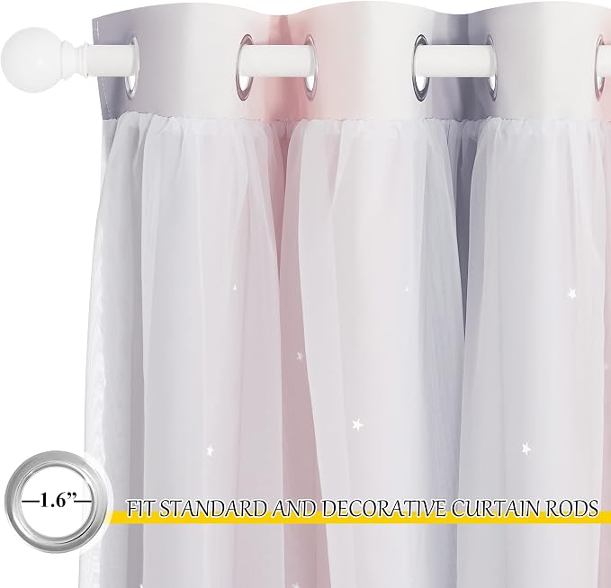 NICETOWN Curtains for Girls Bedroom Kids Curtain Hollow-Out Star Window Drapes Curtain 63 inches Length Room Darkening Grommet 2 Layers, 2 Panels, Pink & Grey, W52 x L63 inches
