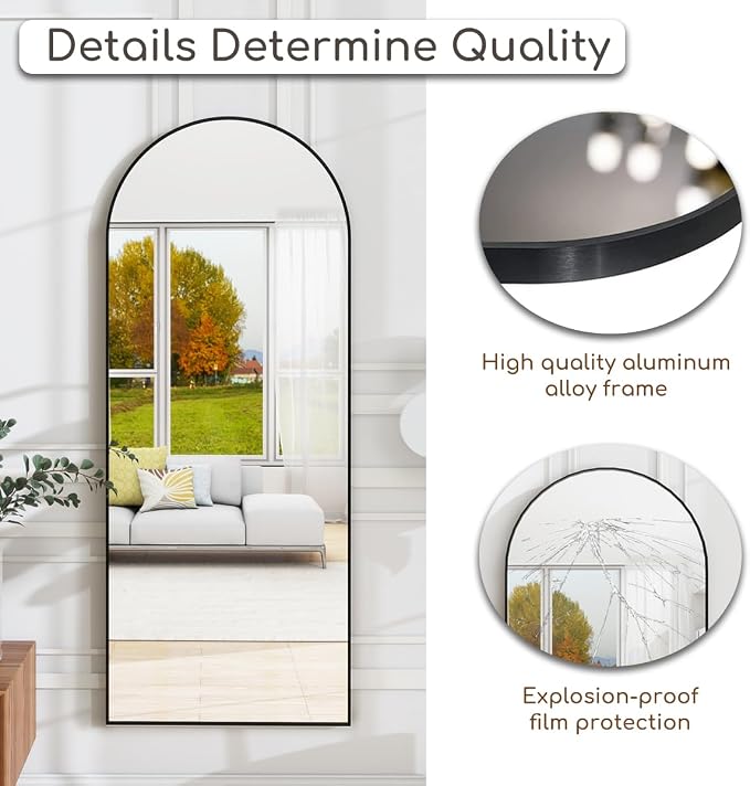 Prywot Arched Floor Mirror, 57 "x 20" Full Length Mirror Wall Mirrors Hanging or Leaning Arched-Top Full Body Mirrors with Stand for Bedroom, Dressing Room, Black