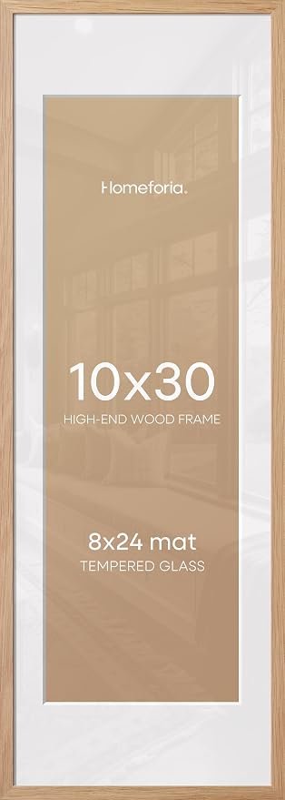 Homeforia 10x30 Wood Frame, High End Natural Oak 10x30 Light Wooden Picture Frame with Mat 8x24, 10 x 30 Poster Frames Matted to 8 by 24 Print, 30x10 Hanging Frames, Tempered Glass, Wall Kit, Set of 1