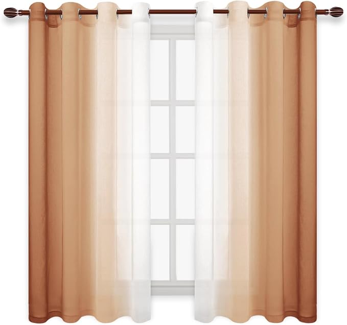 DWCN Faux Linen Ombre Sheer Curtains - Short Curtains Gradient Semi Voile Curtains for Kitchen and Living Room, Set of 2 Grommet Top Window Curtain Panels, W52 x L54 Inches, Burnt Ochre