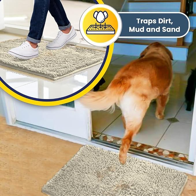 Muddy Mat® | Super Water Absorbent Door Mat Indoor, Microfiber Quick Dry Chenille Entryway Rug, Slip Resistant Front Door Mat, Indoor Mats for Entryway, Machine Washable Pet Rug, Ivory 2ft x 3ft