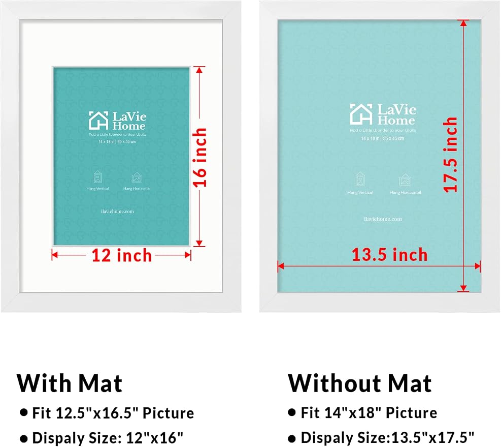 LaVie Home 14 x 18 Poster Frame White, Display Pictures 12x16 with Mat or 14x18 Without Mat, Stable and Sturdy Picture Frame and Polished Plexiglass, Horizontal and Vertical Format of The Wall（1 Pack）