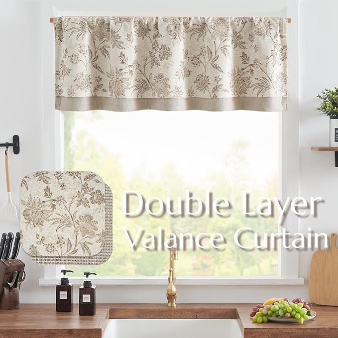 jinchan Floral Valance Curtain Linen Kitchen Valance for Windows 16 Inch Farmhouse Light Filtering Floral Short Window Treatment for Living Room 1 Panel Rod Pocket Double Layer Taupe on Beige