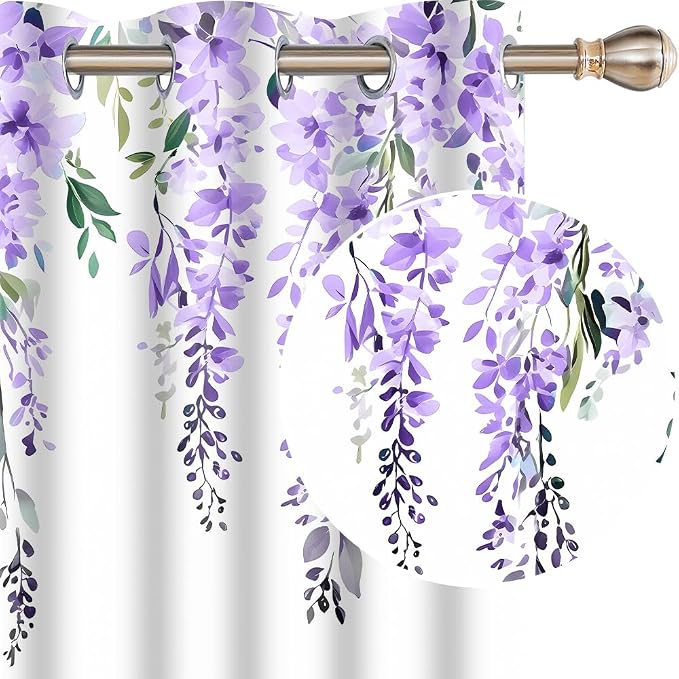Purple Watercolor Floral Curtains, 52x84 inch, 2 Panels | Botanical Leaves Vine Wisteria Flowers, Rustic Farmhouse, Blackout Window Treatment, For Bedroom Living Room