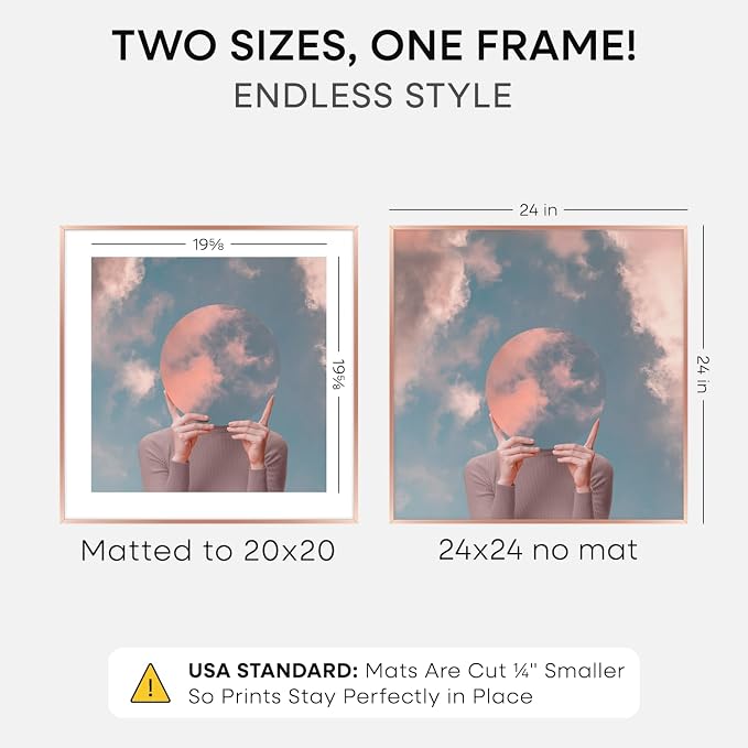 Homeforia 24x24 Picture Frame Rose Gold, High End Metal 24 x 24 Large Square Poster Frame with Mat 20 by 20 inch Photo, 24by24 Thin Frames Matted to 20x20 for Print, Tempered Glass, Wall Kit, Set of 1