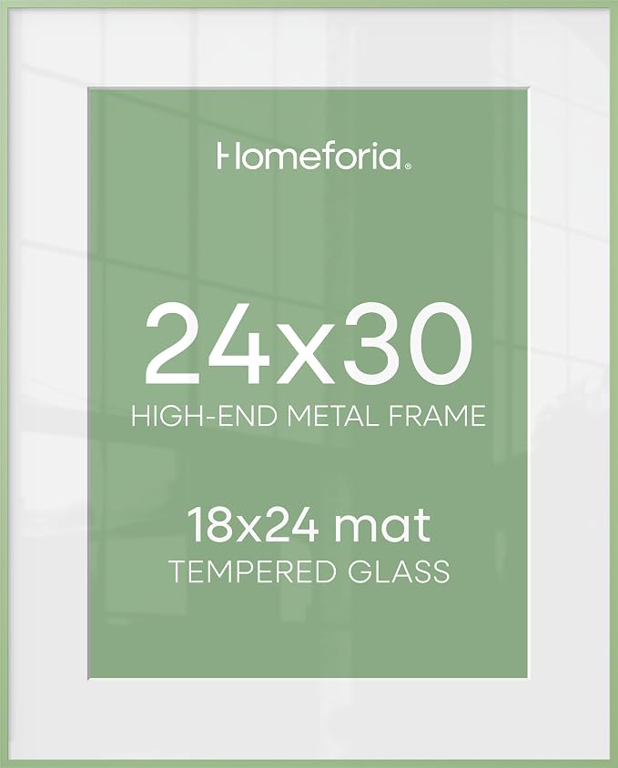 Homeforia 24x30 Frame Sage Green, High End Metal 24x30 Picture Frames with Mat 18x24 Photo, 24 x 30 Sage Green Poster Frame Matted to 18 by 24 Art, 30x24 Thin Frame, Tempered Glass, Wall Kit, Set of 1