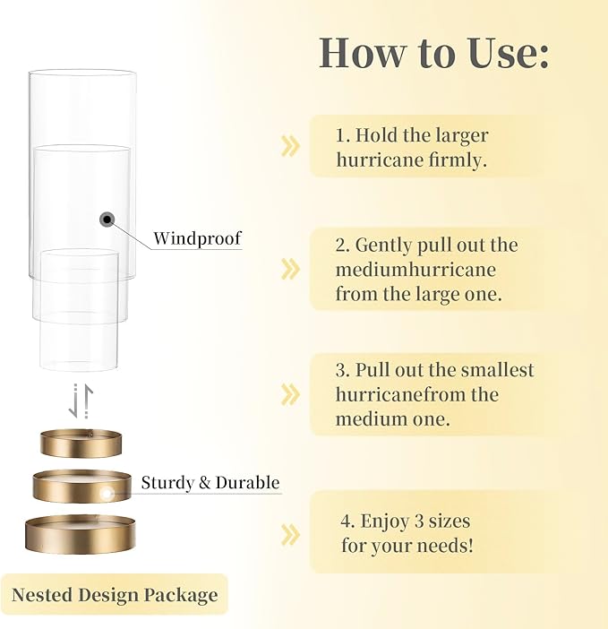 Hewory Hurricane Candle Holder for Pillar Candles: Gold Votive Candle Holders Set of 6, Glass Hurricane with Metal Candle Plate, Pillar Candle Holder for Table Centerpiece Wedding Holiday Home Decor