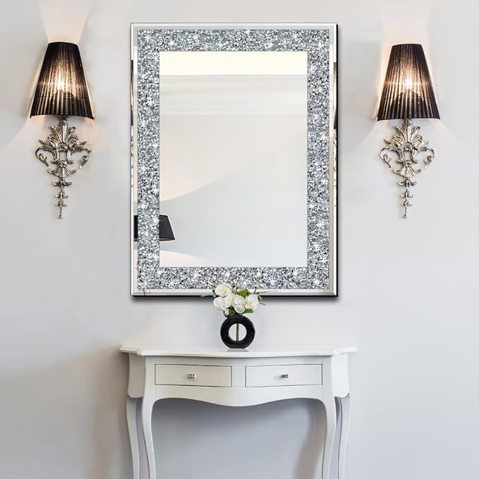 QMDECOR Crystal Crush Diamond Rectangle Silver Mirror for Wall Decoration 20x28inch Wall Hang Frameless Mirror Glass Diamond Decor.