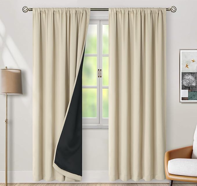 BGment Beige Full Blackout Curtains with Thermal Insulation Liner Curtains 90 Inches Long, Rod Pocket and Back Tab Double Layer Room Darkening Window Curtain for Bedroom(52 x 90 Inch, 2 Panels, Beige)
