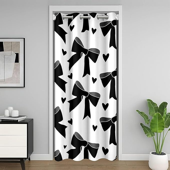 Feelyou Black Bowknot Closet Door Cover Curtain for Bedroom Living Room,Black Bow Love Hearts Princess Door Curtain for Doorway Privacy 1 Panel, 52"x84" Bedroom Decor,Watercolor Room Blackout Curtain