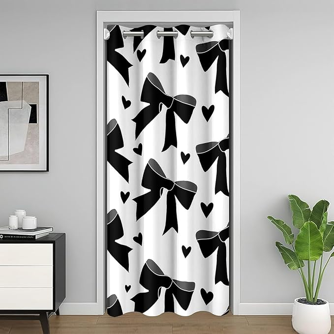 Feelyou Black Bowknot Closet Door Cover Curtain for Bedroom Living Room,Black Bow Love Hearts Princess Door Curtain for Doorway Privacy 1 Panel, 34"x80" Bedroom Decor,Watercolor Room Blackout Curtain