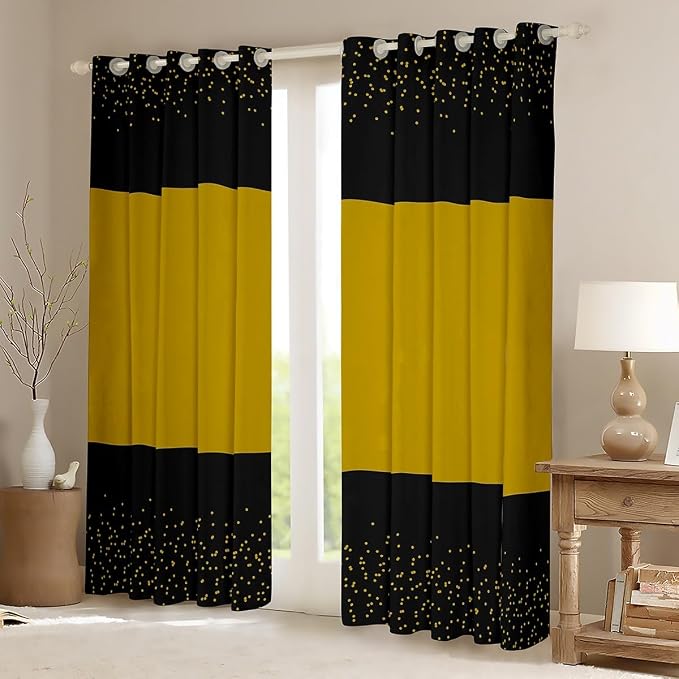 jejeloiu Black Curtains for Bedroom Living Room Glitter Print Blackout Darkening Drapes Gold Pattern Window Treatments, 2 Panels 42 x 84 Inch Modern Room Decor Abstract