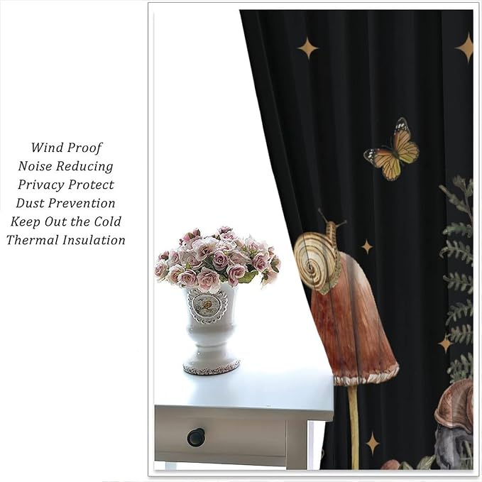 Retro Mushroom Blackout Curtains,Snail Butterfly Window Drapes,Boho Night Plants Leaves Moon Star Botanical for Living Room Kitchen Bedroom,Black Background 55x63in