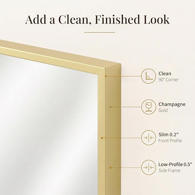 24"x36" Satin Gold Framed Rectangle Bathroom Vanity Wall Mirror | Over-Sink Vanity Mirror, Slim Metal Frame, Entryway or Dresser Use, Vertical/Horizontal Mount, Tempered Glass