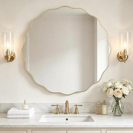 WallBeyond Round Wavy Mirror for Wall Decorative 36 inch, Modern Round Mirror Aluminum Frame for Bathroom Bedroom Living Room Home House Office Entryway, Gold