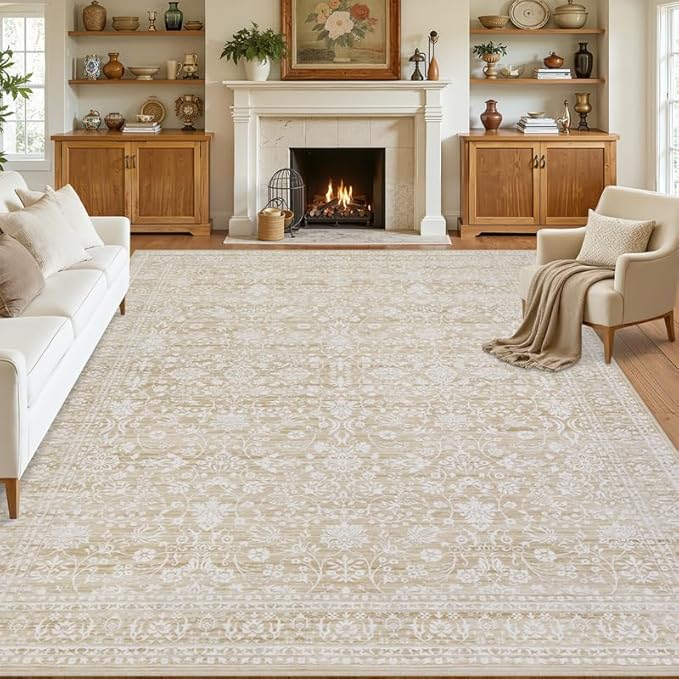 8x10 Area Rugs for Living Room: Vintage Boho Neutral Washable Rug Indoor Soft Large Area Rug Carpet for Bedroom Nursery Farmhouse Dining Room Office Floor Non-Slip Low Pile Under Table Natural Beige