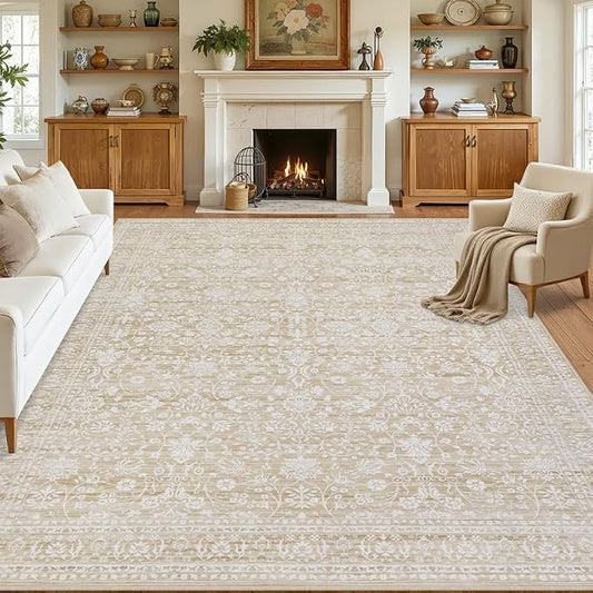 Area Rugs 9x12 Living Room: Vintage Boho Neutral Washable Rug Indoor Soft Large Area Rug Carpet for Bedroom Nursery Farmhouse Dining Room Office Floor Non-Slip Low Pile Under Table Natural Beige