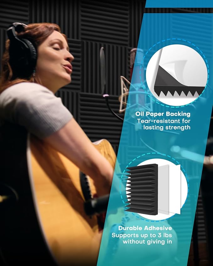 Knightsacoustic 24 Pack Sound Proof Foam Panels for Walls with Self Adhesive, 12x12x1 Acoustic Foam Panels, High Density Acoustic Panels Sound Absorbing, Fire Resistant Studio Sound Proofing Black