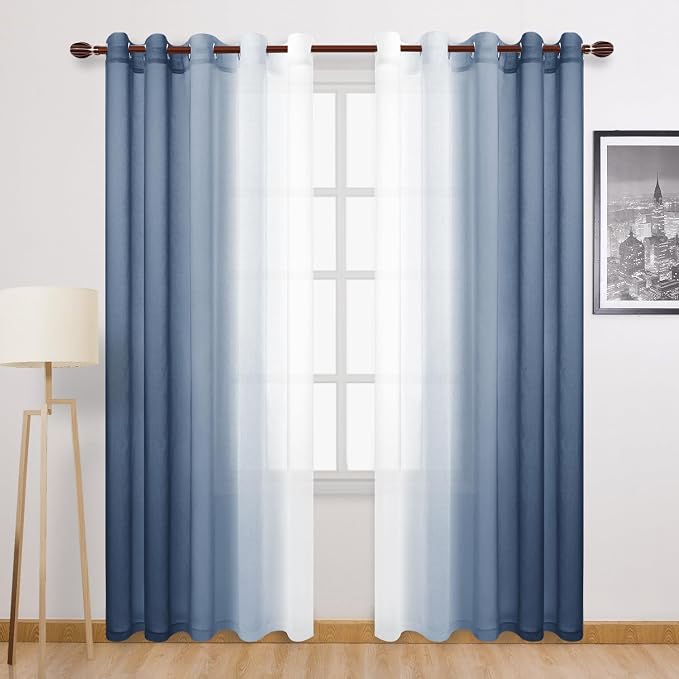 DWCN Blue Ombre Faux Linen Sheer Curtains - Extra Wide Gradient Semi Voile Grommet Top Bedroom and Living Room Curtains, 60 x 84 Inches Long, Set of 2 Window Curtain Panels, Denim Blue