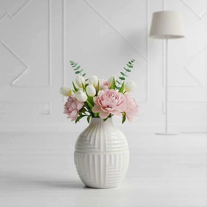 hjn Hand-Glazed White Ceramic Vase - 5.7" H Modern Decorative Centerpiece Vase for Fresh/Dried Flowers, Home Decor for Living Room Bookshelf Mantel | Wedding Housewarming Gift