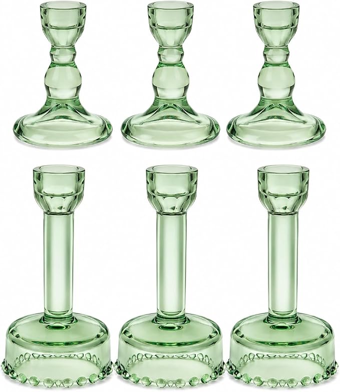 Lanttu 6 Pcs Green Glass Candlestick Holders Taper Candle Holder Bulk | Crystal Candle Holders for Wedding, Table Centerpiece, Home Decoration