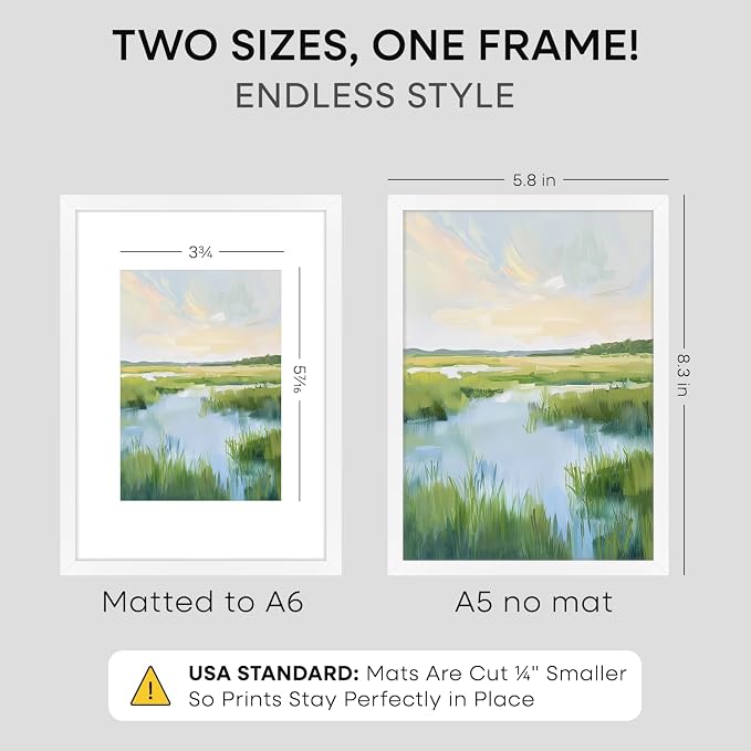 Homeforia A5 Picture Frame White, High End Metal 5.8x8.3 Frames Matted to 4.1x5.8 Print, A5 Photo Frame with Mat A6, 5.8 x 8.3 Poster Frame, 8.3x5.8 Display Frames, Tempered Glass, Wall Kit, Set of 1