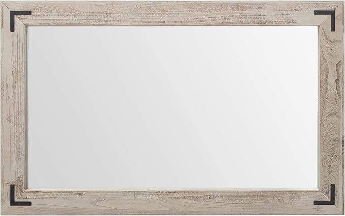 YOSHOOT Rustic Wooden Framed Wall Mirror, Natural Wood Bathroom Vanity Mirror for Farmhouse Decor, Vertical or Horizontal Hanging (40" x 26", White Grey)