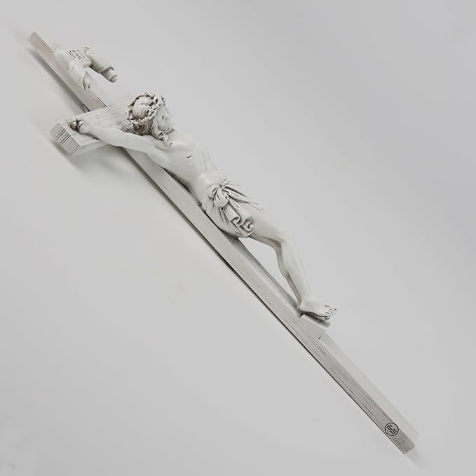 BC Catholic Crucifix Wall Cross, 10" H Jesus Christ Home Decor, Religious Gift, Wood Carved Look, Grey White Finish, Hand Painted by Buildclassic