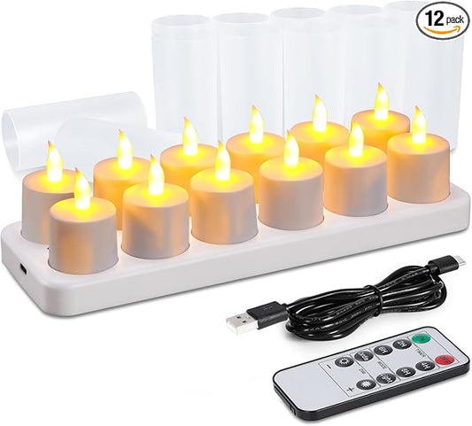 WoneNice 12 pcs USB Rechargeable Flameless Candles with Remote & Timer, LED Tea Lights for Mother's Day Wedding Christmas Lanterns Emergency Home Decor