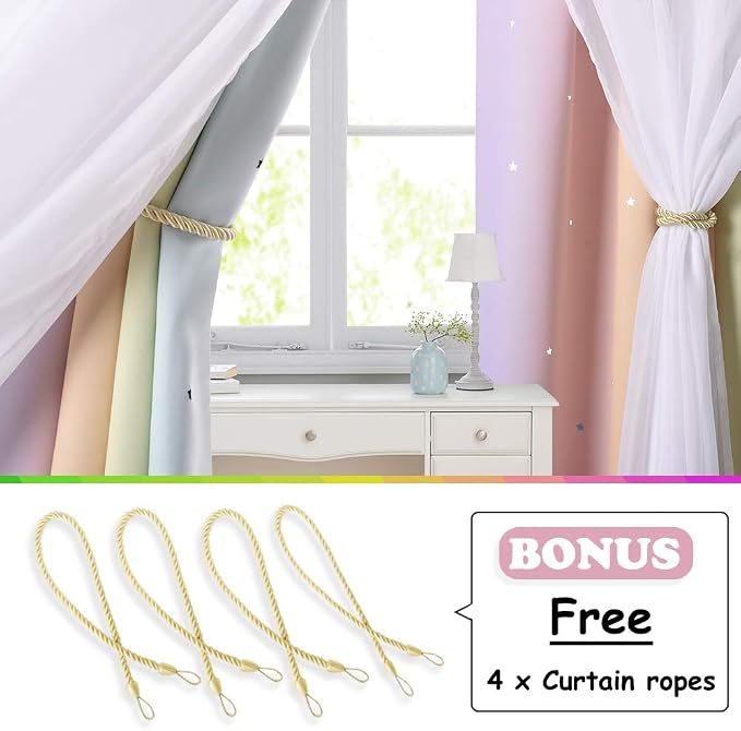 NICETOWN Star Kids Blackout Rainbow Digital Printing Overlapped White Sheer Curtain Panels, Room Darkening Drapes Decor for Girls/Thanksgiving, Add Tie-Backs(Rainbow, Set of 2, W104 x L95)