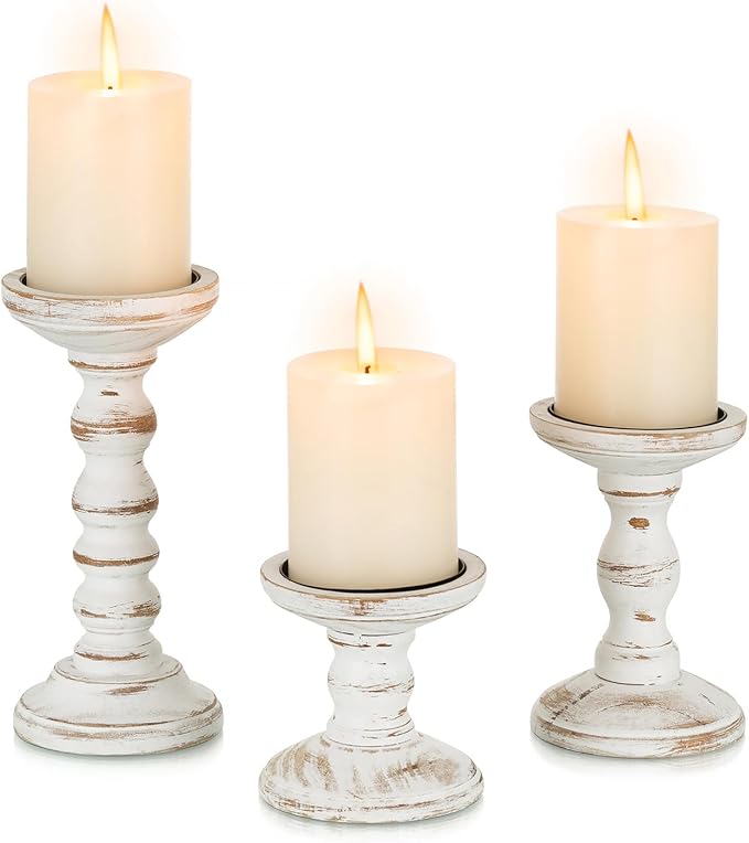 Candeldo Wood Candle Holder for Pillar, White Farmhouse Fireplace Decor | Set of 3, Table Centerpiece, Tall Shabby Chic Decor, Wooden Rustic Decorations for Mantle