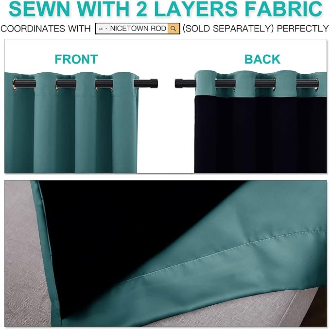 NICETOWN 100% Blackout Curtains 108 inches Long, Noise Reduction Window Treatment Curtains, Thermal Insulated Energy Smart Drapes and Draperies for Apartment Decor, Sea Teal, Set of 2, 70 inches Wide